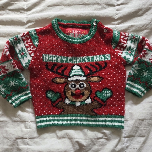 Other - Festive Red Christmas Sweater with Reindeer Design, Size 18-24months, Unisex
